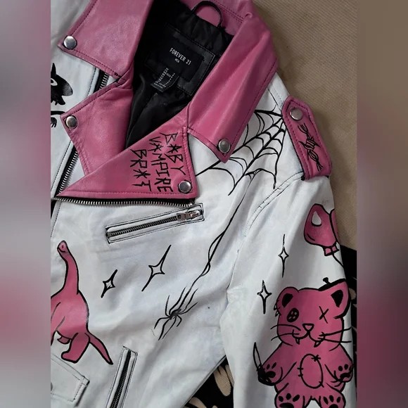 SOLD @MARKET  Fun kawaii goth custom hand painted OOAK faux leather jacket - Picture 7 of 15